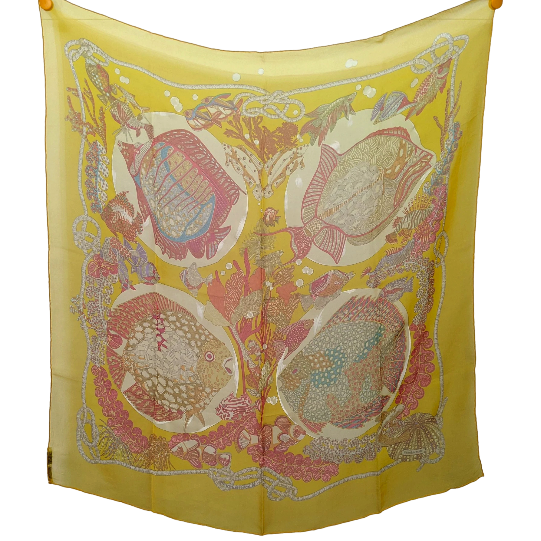 Hermes 1990s First Issue Soleil/Rouge "Grands Fonds" by Annie Faivre Blanc Matte Overlay Mousseline 90 x 90 cm
