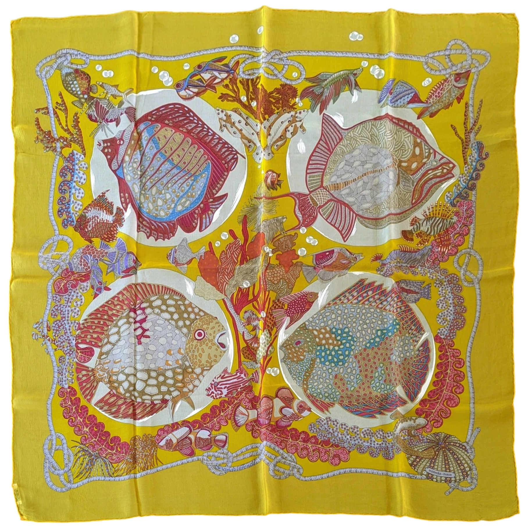 Hermes 1990s First Issue Soleil/Rouge "Grands Fonds" by Annie Faivre Blanc Matte Overlay Mousseline 90 x 90 cm