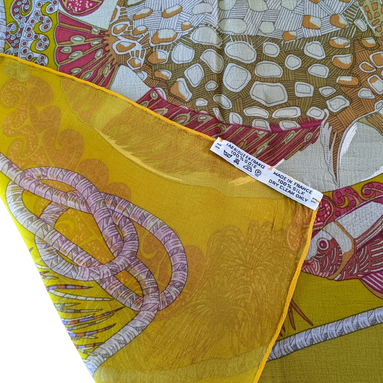 Hermes 1990s First Issue Soleil/Rouge "Grands Fonds" by Annie Faivre Blanc Matte Overlay Mousseline 90 x 90 cm