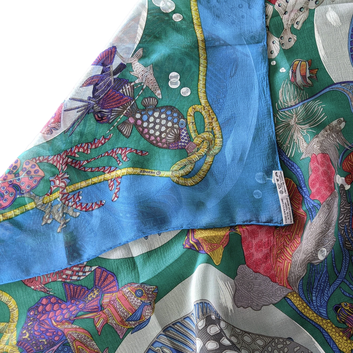 Hermes 1990s First Issue Turquoise "Grands Fonds" by Annie Faivre Blanc Matte Overlay Mousseline 90 x 90 cm