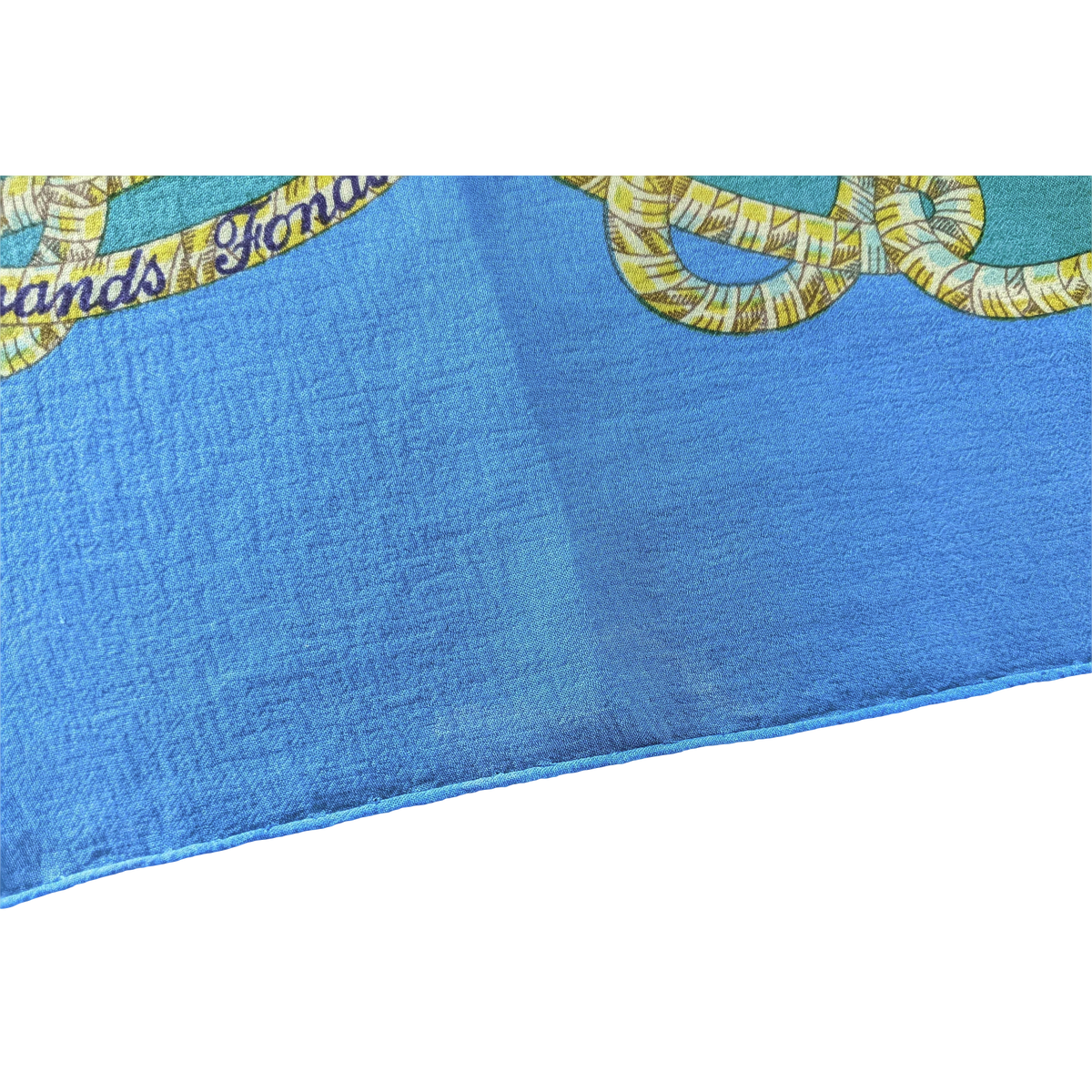 Hermes 1990s First Issue Turquoise "Grands Fonds" by Annie Faivre Blanc Matte Overlay Mousseline 90 x 90 cm