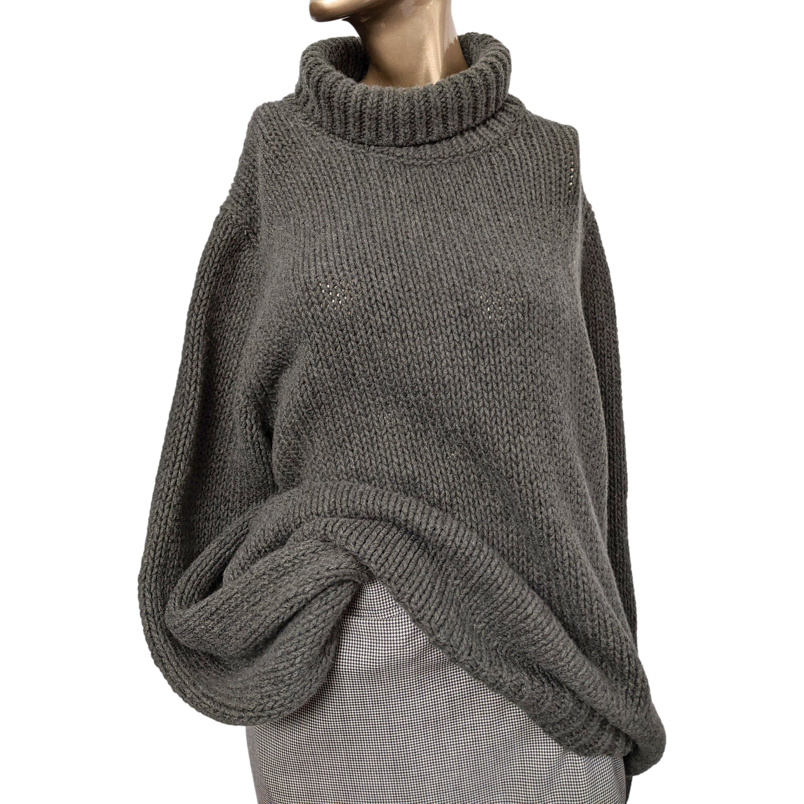 Hermes Gris-Vert 100% Cashmere Turtleneck Chunky Knit Sweater 