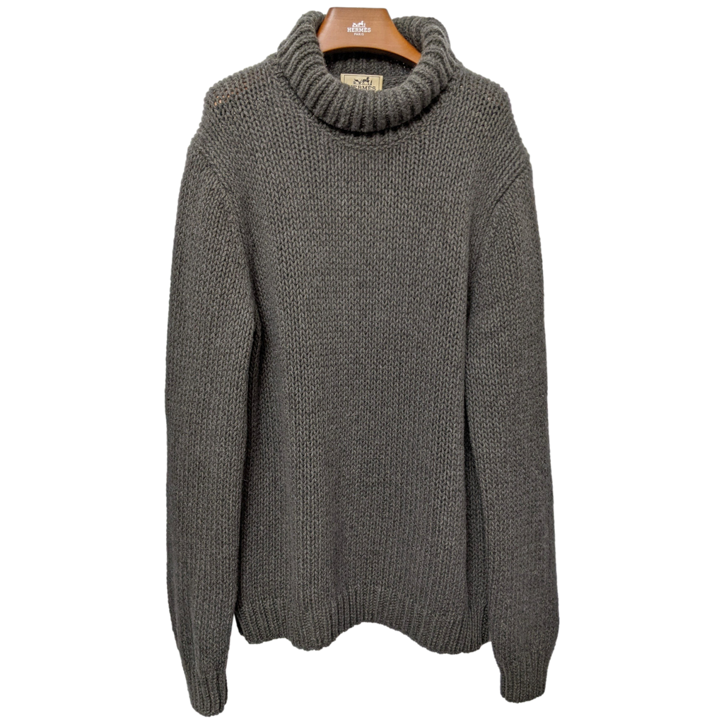 Hermes Gris-Vert 100% Cashmere Turtleneck Chunky Knit Sweater SzXXL