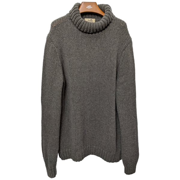 Hermes Gris-Vert 100% Cashmere Turtleneck Chunky Knit Sweater