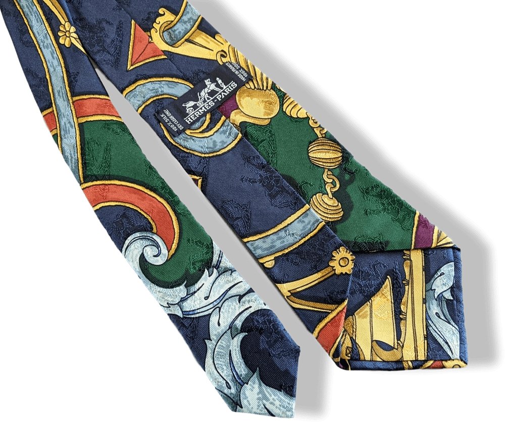 Hermes Green Blue Gold INSTRUCTION DU ROY Printed Jacquard Silk Tie, Mint! - poupishop