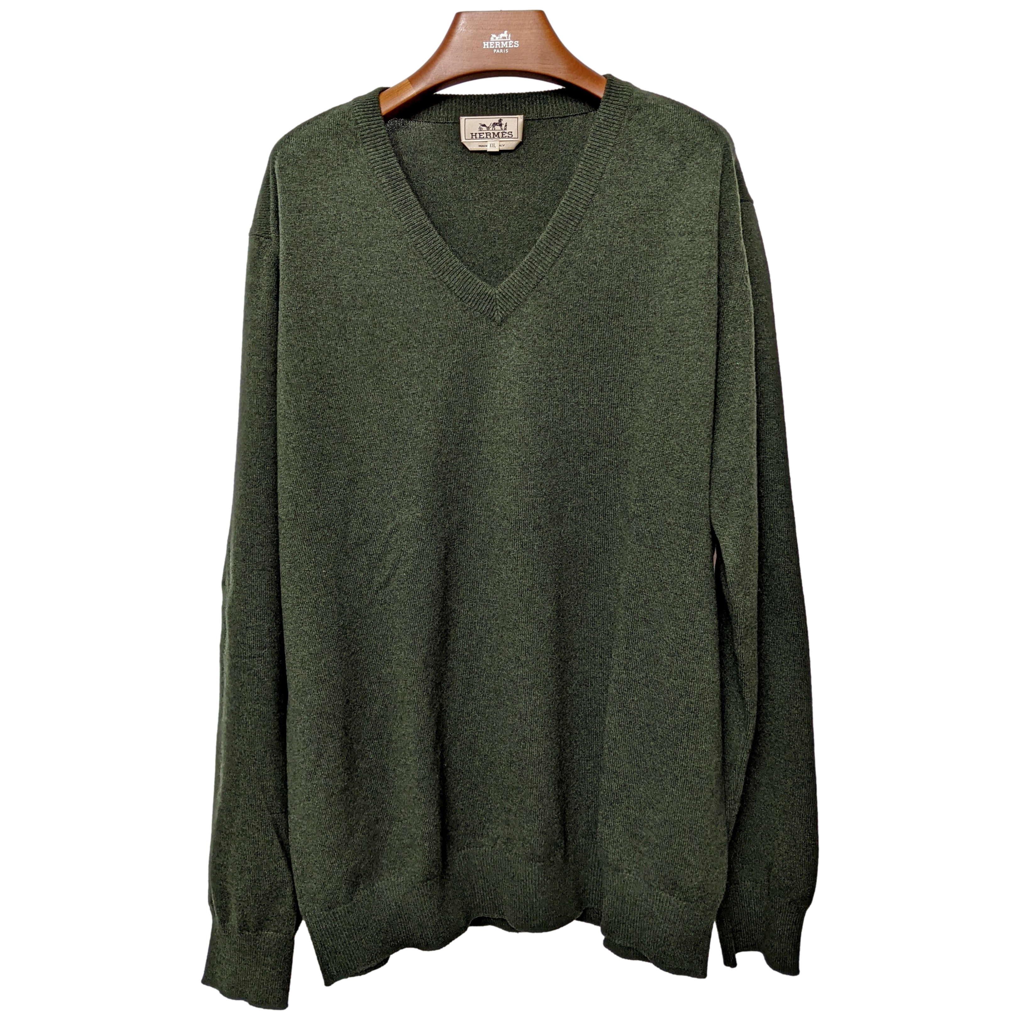 Hermes Men's Vert Chasse 100% Cashmere Classic V-Neck Sweater SzXXL