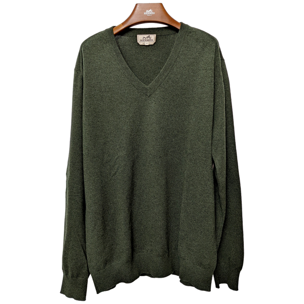 Hermes Men's Vert Chasse 100% Cashmere Classic V-Neck Sweater SzXXL