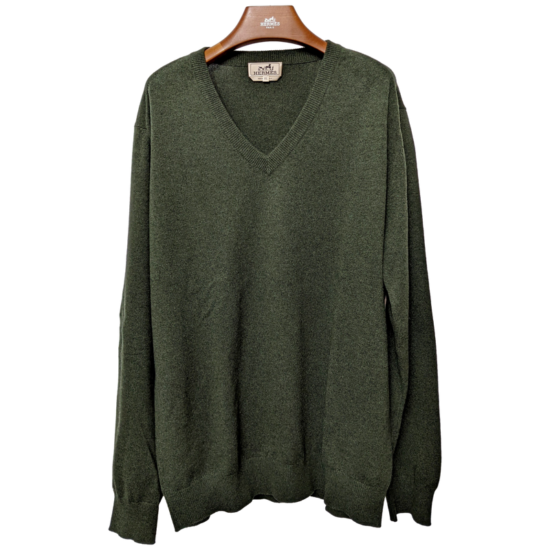 Hermes Men's Vert Chasse 100% Cashmere Classic V-Neck Sweater
