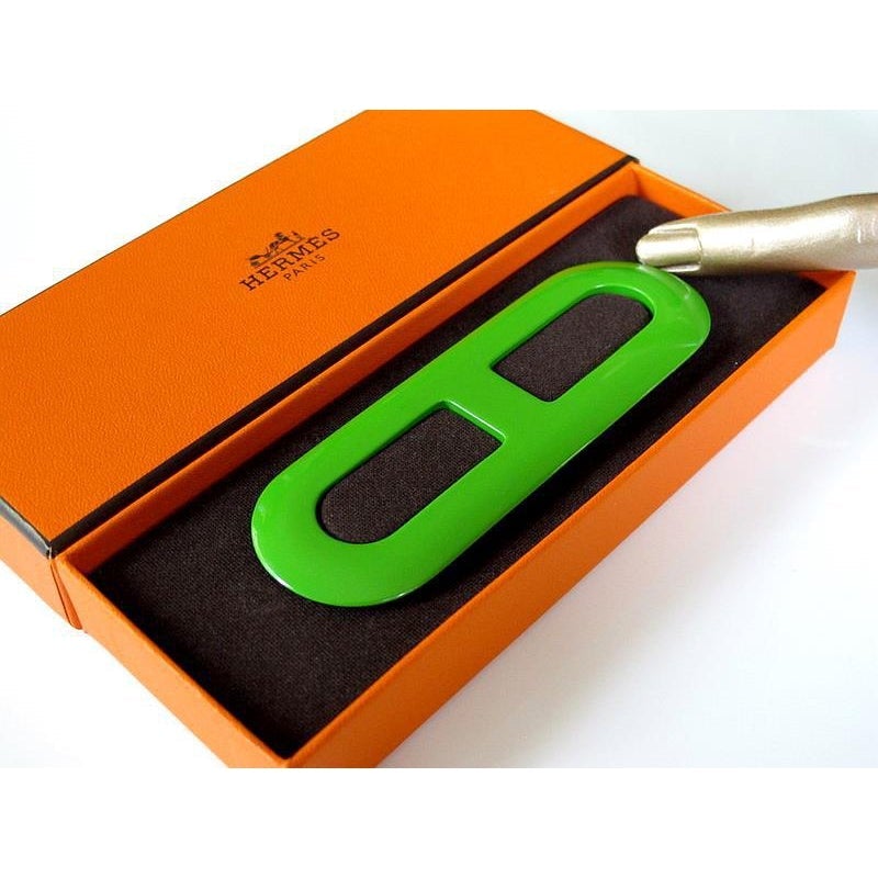 Hermes Green Glossy Lacquer Horn Scarf Ring Pendant Bag Charm, NIB - poupishop