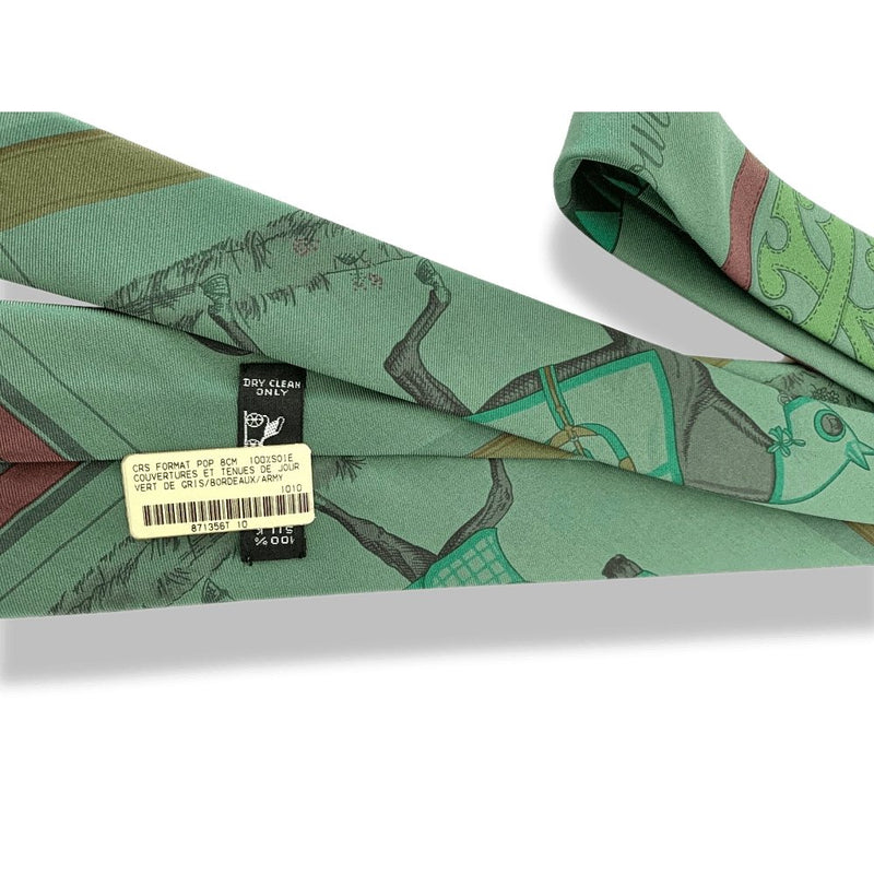 Hermes Green-Grey Burgundy Army COUVERTURES ET TENUES DE JOUR Surteint Silk Tie Rare, NWT in Pochette ! - poupishop