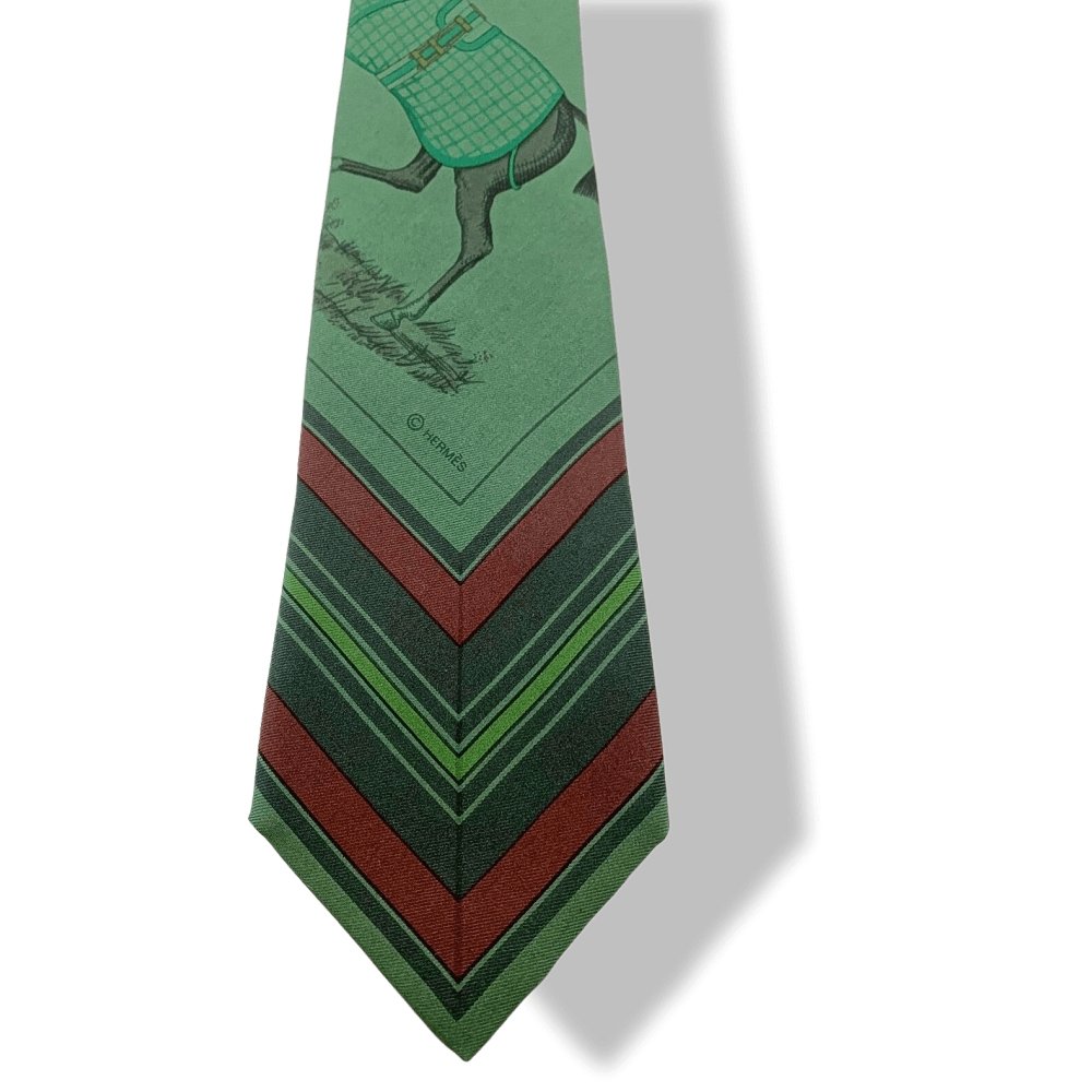 Hermes Green-Grey Burgundy Army COUVERTURES ET TENUES DE JOUR Surteint Silk Tie Rare, NWT in Pochette ! - poupishop