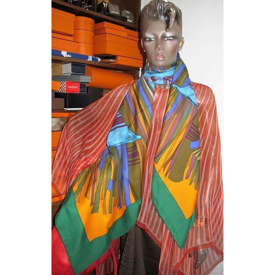 Hermes Green/Orange Cuirs du Desert Detail Cashmere Shawl 140, New! - poupishop