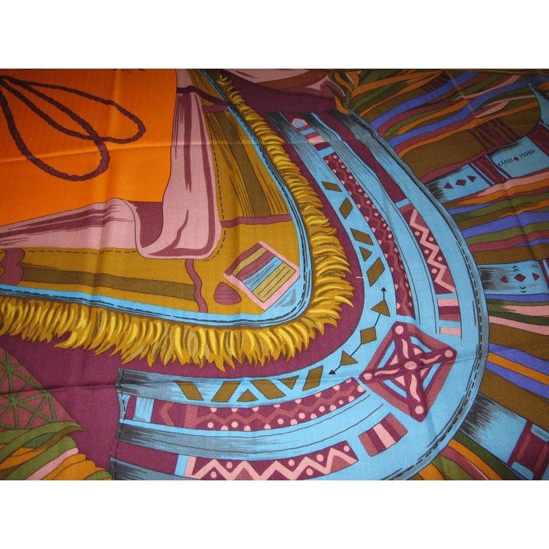 Hermes Green/Orange Cuirs du Desert Detail Cashmere Shawl 140, New! - poupishop