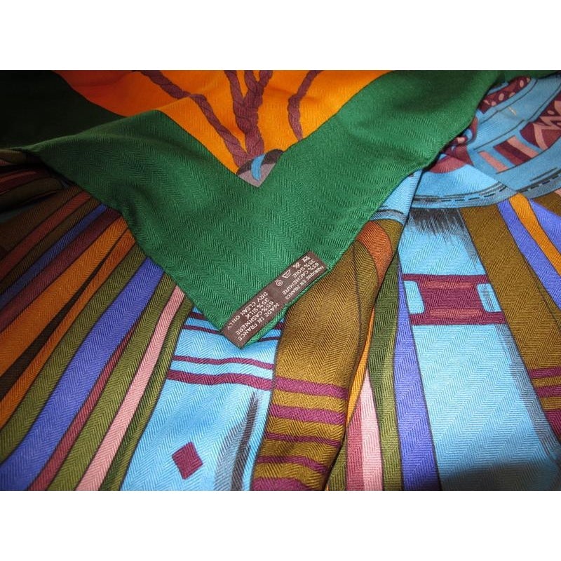 Hermes Green/Orange Cuirs du Desert Detail Cashmere Shawl 140, New! - poupishop