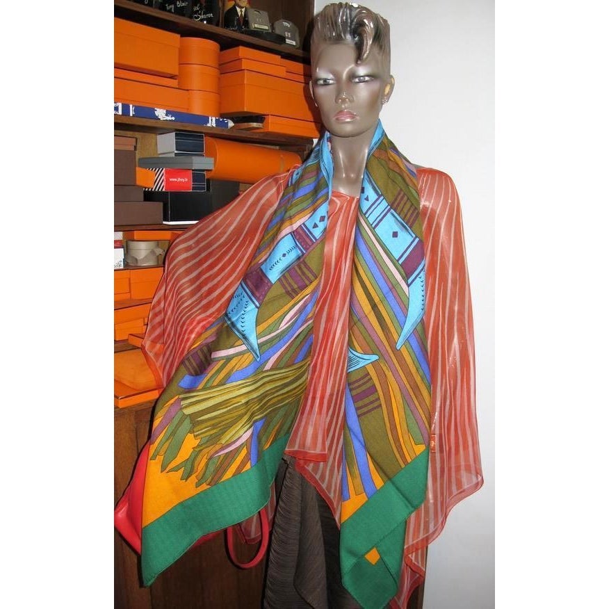 Hermes Green/Orange Cuirs du Desert Detail Cashmere Shawl 140, New! - poupishop
