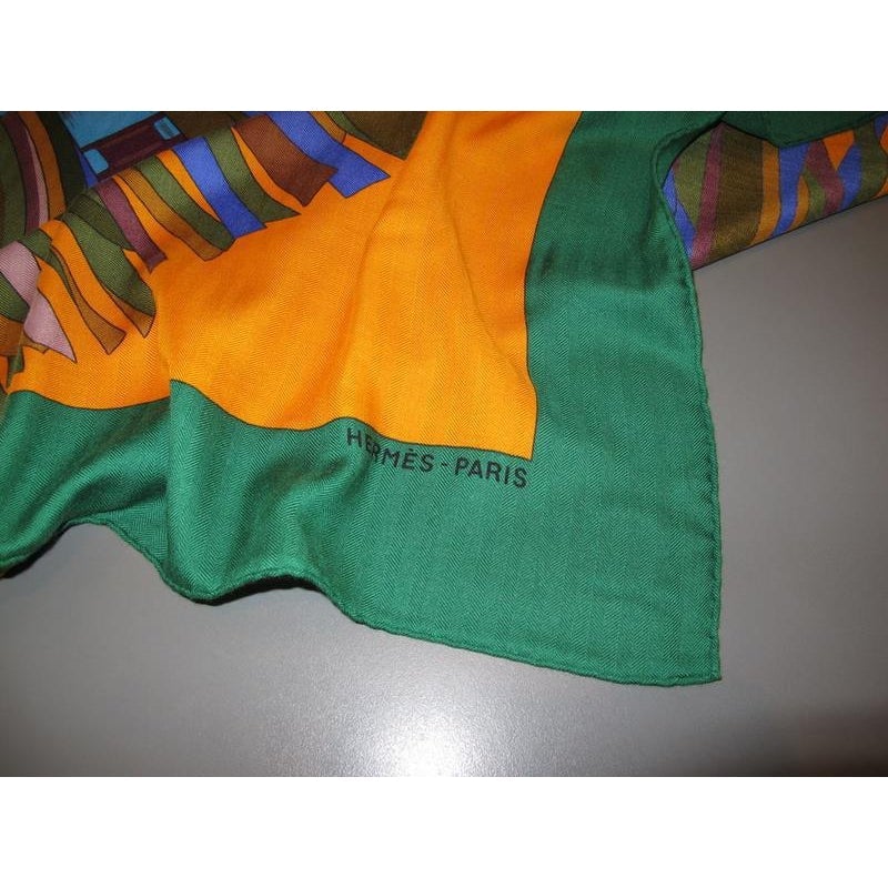 Hermes Green/Orange Cuirs du Desert Detail Cashmere Shawl 140, New! - poupishop