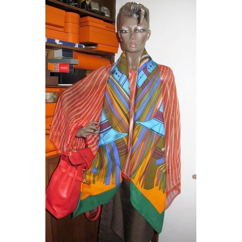 Hermes Green/Orange Cuirs du Desert Detail Cashmere Shawl 140, New! - poupishop