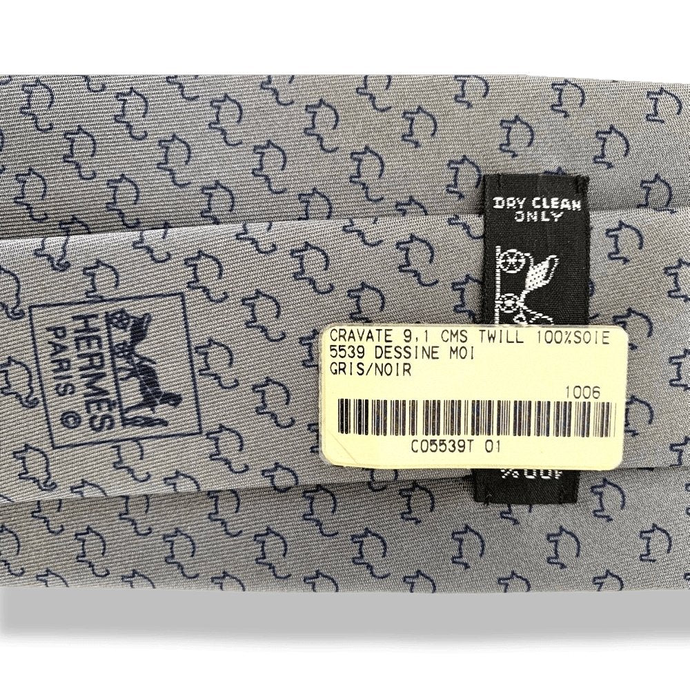 Hermes Grey Black Elephant DESSINE MOI Twill Silk Tie 9cm, New in Pochette! - poupishop