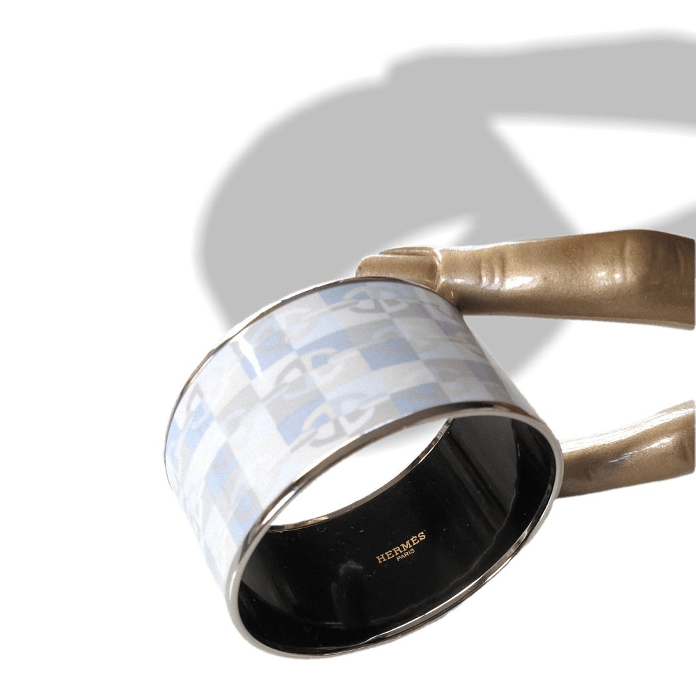 Hermes Grey Blue Rose Enamel Silver Trim OPTIQUE CHAINE D'ANCRE Xtra Wide Bangle Bracelet, New! - poupishop