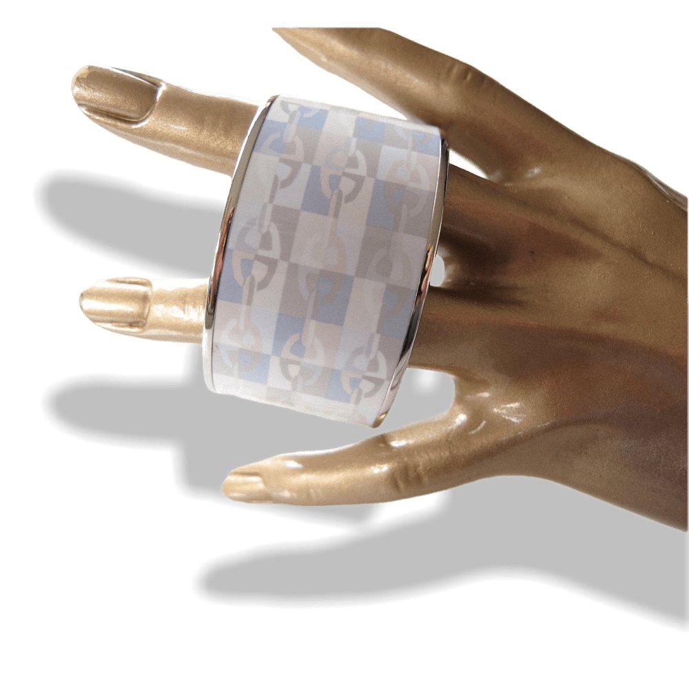 Hermes Grey Blue Rose Enamel Silver Trim OPTIQUE CHAINE D'ANCRE Xtra Wide Bangle Bracelet, New! - poupishop