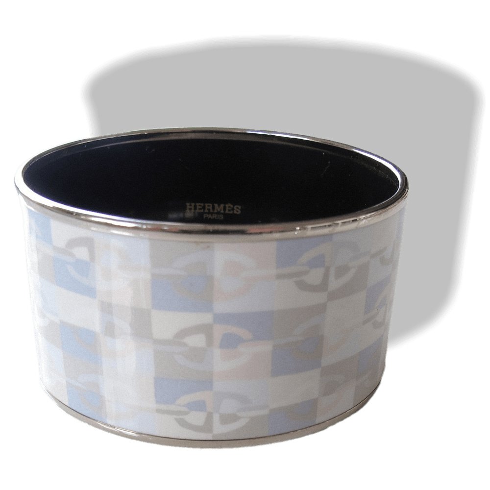 Hermes Grey Blue Rose Enamel Silver Trim OPTIQUE CHAINE D'ANCRE Xtra Wide Bangle Bracelet, New! - poupishop