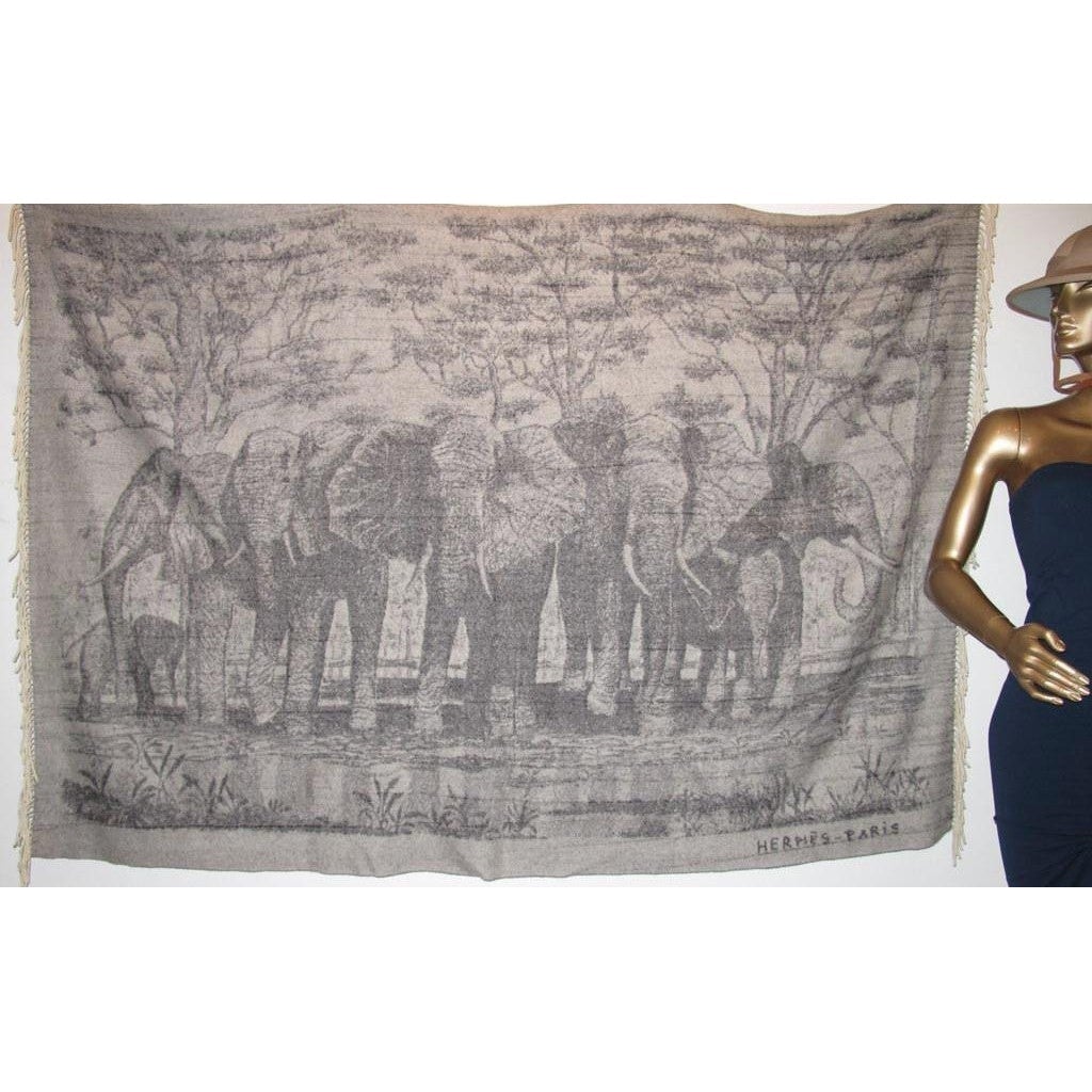 Hermes Grey Elephants 100% Cashmere Blanket Plaid GM - poupishop