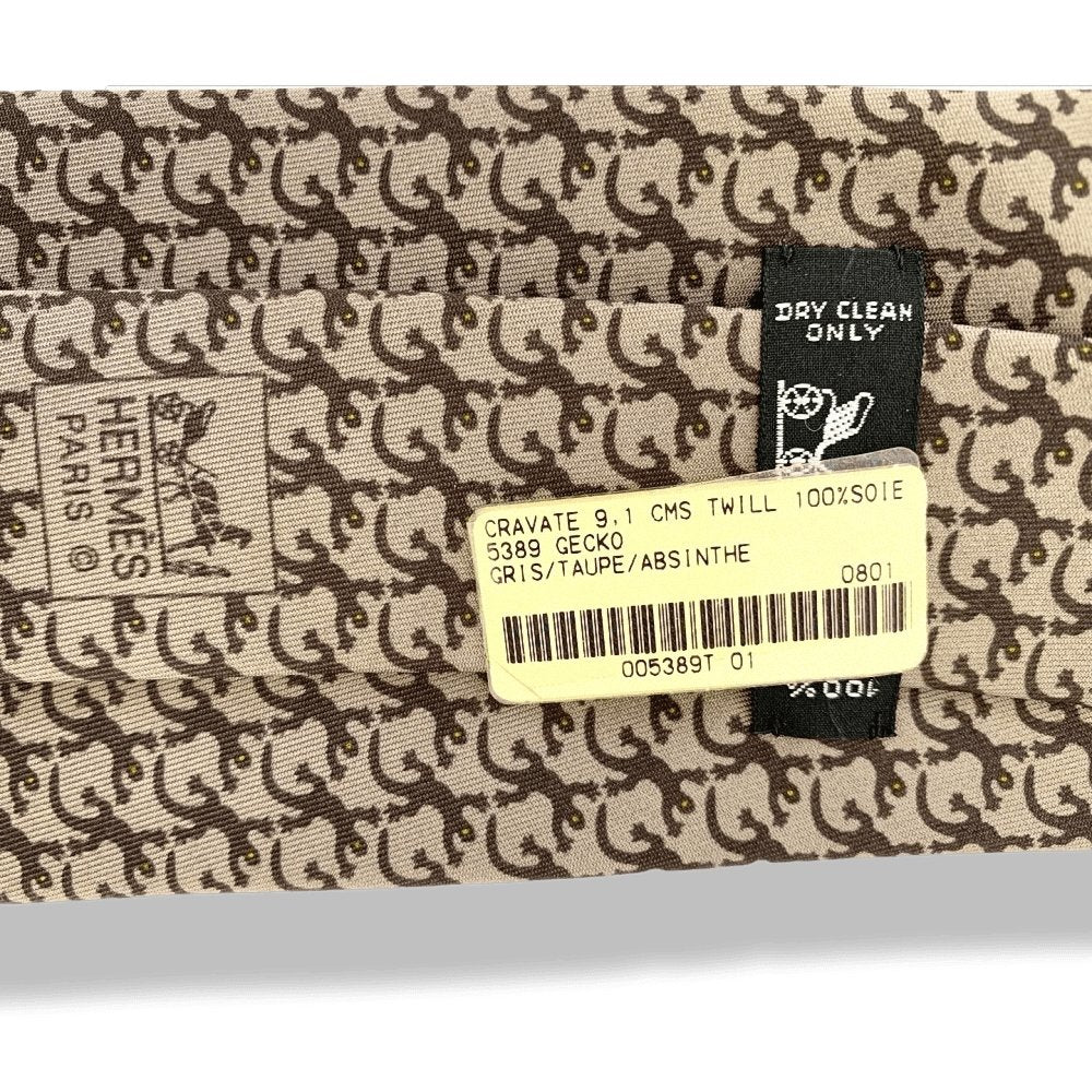 Hermes Grey Mole Absynthe GECKO Twill Silk Tie 9cm, New in Pochette! - poupishop
