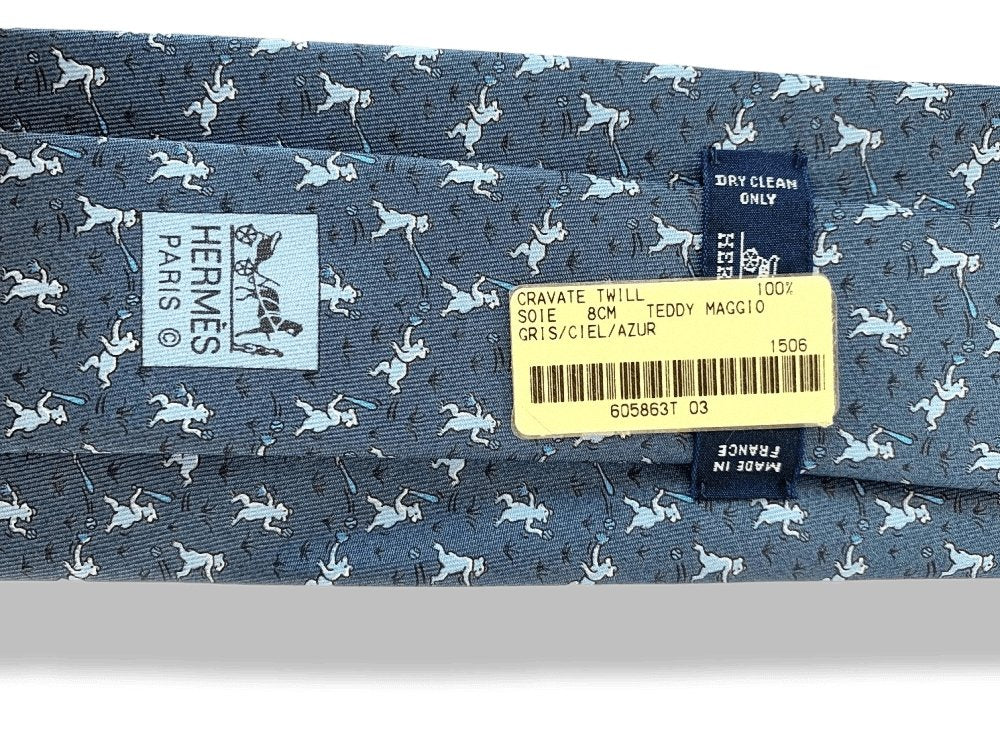 Hermes Grey Sky Azur TEDDY MAGGIO Twill Silk Tie, NWT in Pochette! - poupishop