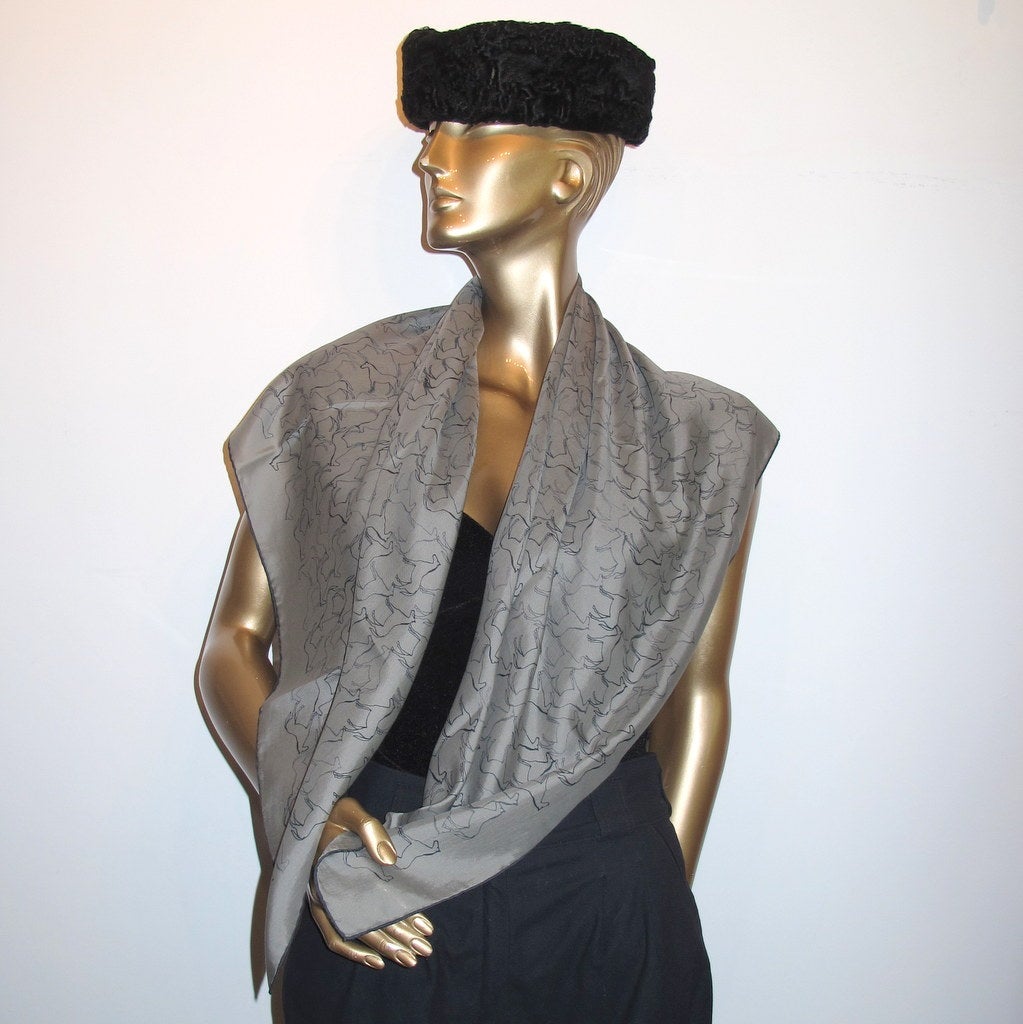 Hermes Grey Tampon Equestre Unisex Cotton/Silk Scarf 100, New! - poupishop