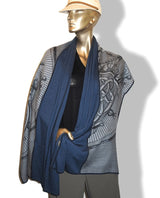 Hermes Gris Chine /Black/Blue DOUBLE JEU SUITE ET MANQUE MUFFLER 70% Cashmere Stole, BNWT! - poupishop