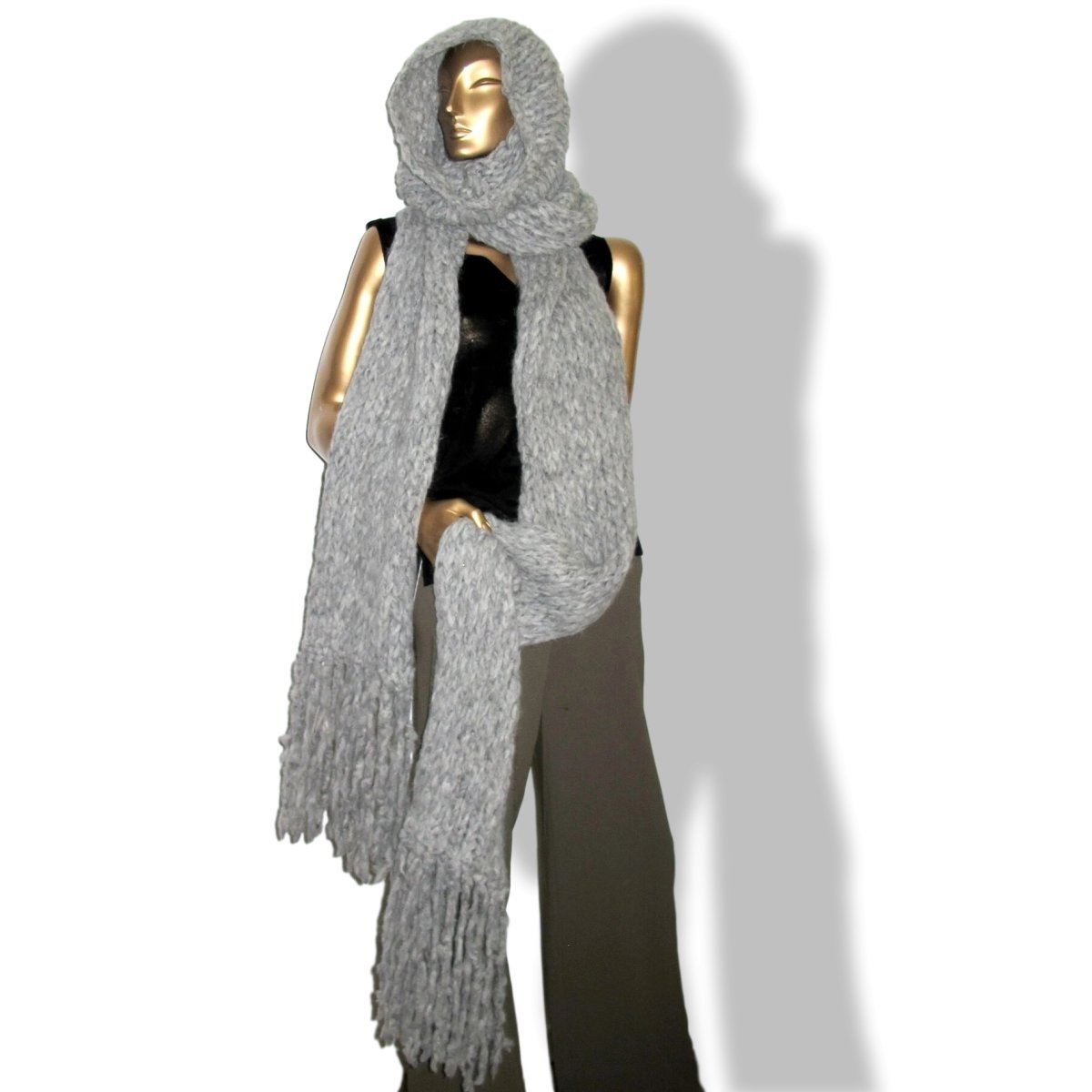 Hermes Gris Clair Mesh Alpaga/Fox CAPUCHE ECHARPE MAILLE FUR EFFECT Stole Xtra Long, BNWT! - poupishop