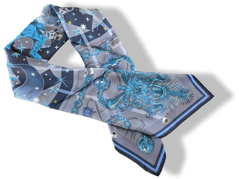 Hermes Gris/Tuquoise/Marine C'EST LA FETE by Daiske Nomura DOUBLE FACE Twill Scarf 90cm Rare, BNWT! - poupishop