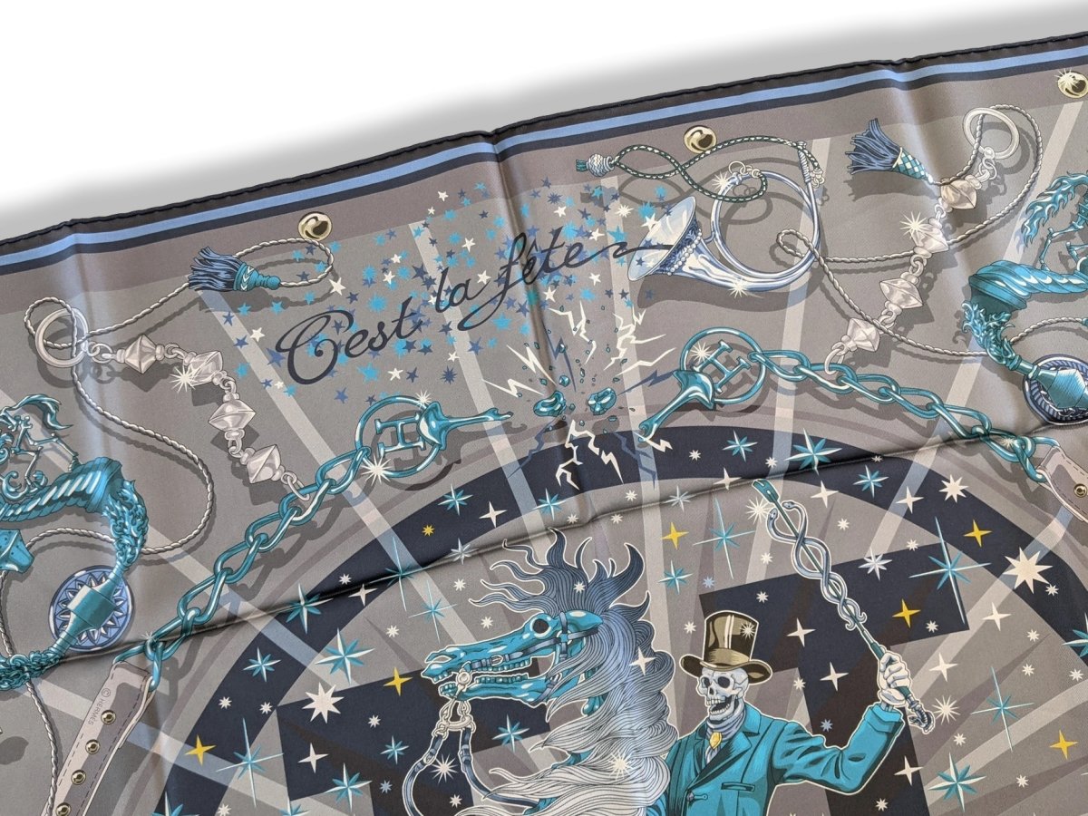 Hermes Gris/Tuquoise/Marine C'EST LA FETE by Daiske Nomura DOUBLE FACE Twill Scarf 90cm Rare, BNWT! - poupishop