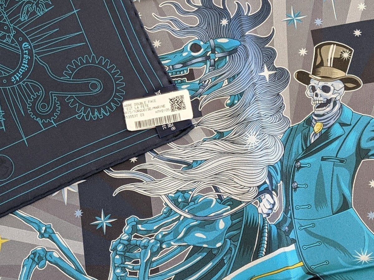 Hermes Gris/Tuquoise/Marine C'EST LA FETE by Daiske Nomura DOUBLE FACE Twill Scarf 90cm Rare, BNWT! - poupishop