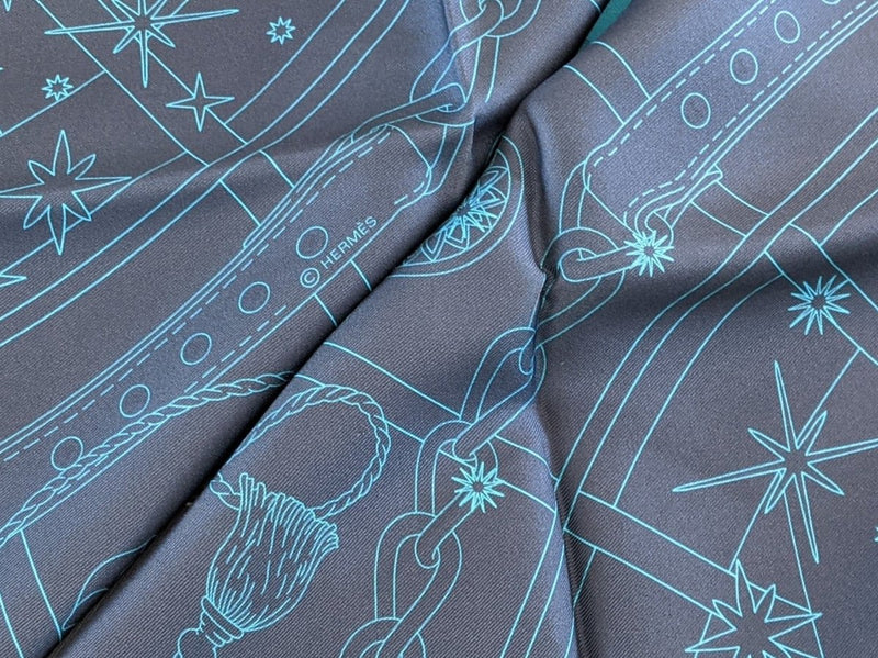 Hermes Gris/Tuquoise/Marine C'EST LA FETE by Daiske Nomura DOUBLE FACE Twill Scarf 90cm Rare, BNWT! - poupishop