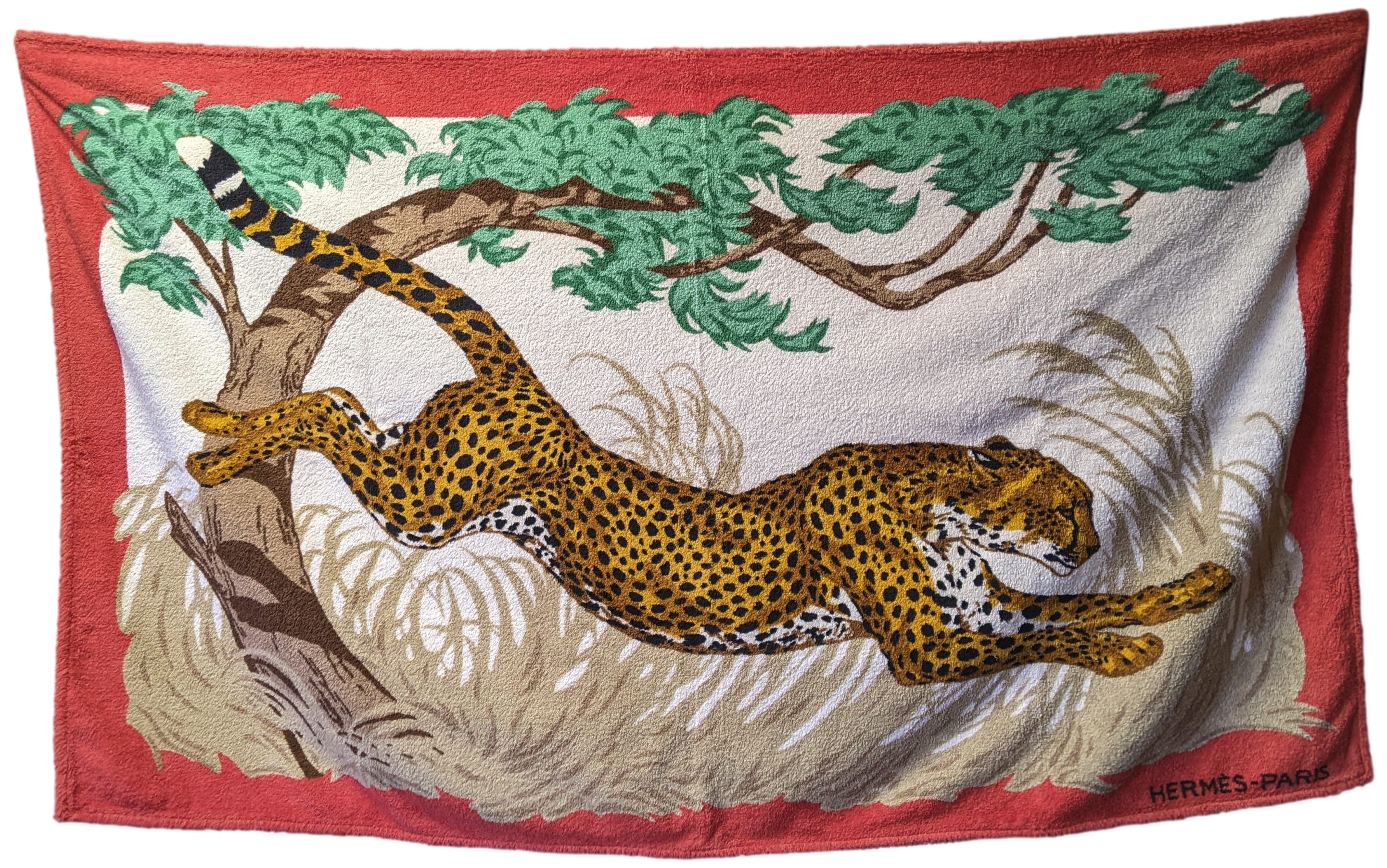 Produits Hermes Red "Guepard" by Robert Dallet Tapis de Plage Terry Beach Towel GM 90 x 150 cm