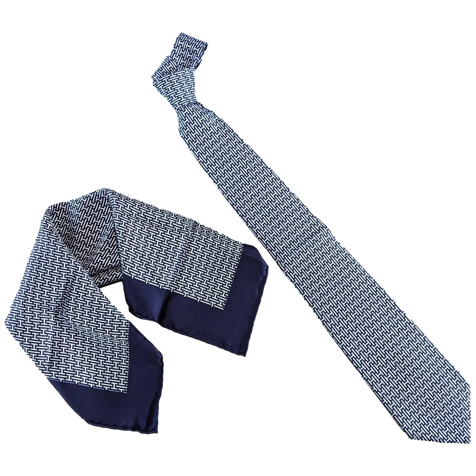 Hermes Marine/Blanc Twill Printed Set "H" Gavroche & Tie 9 cm