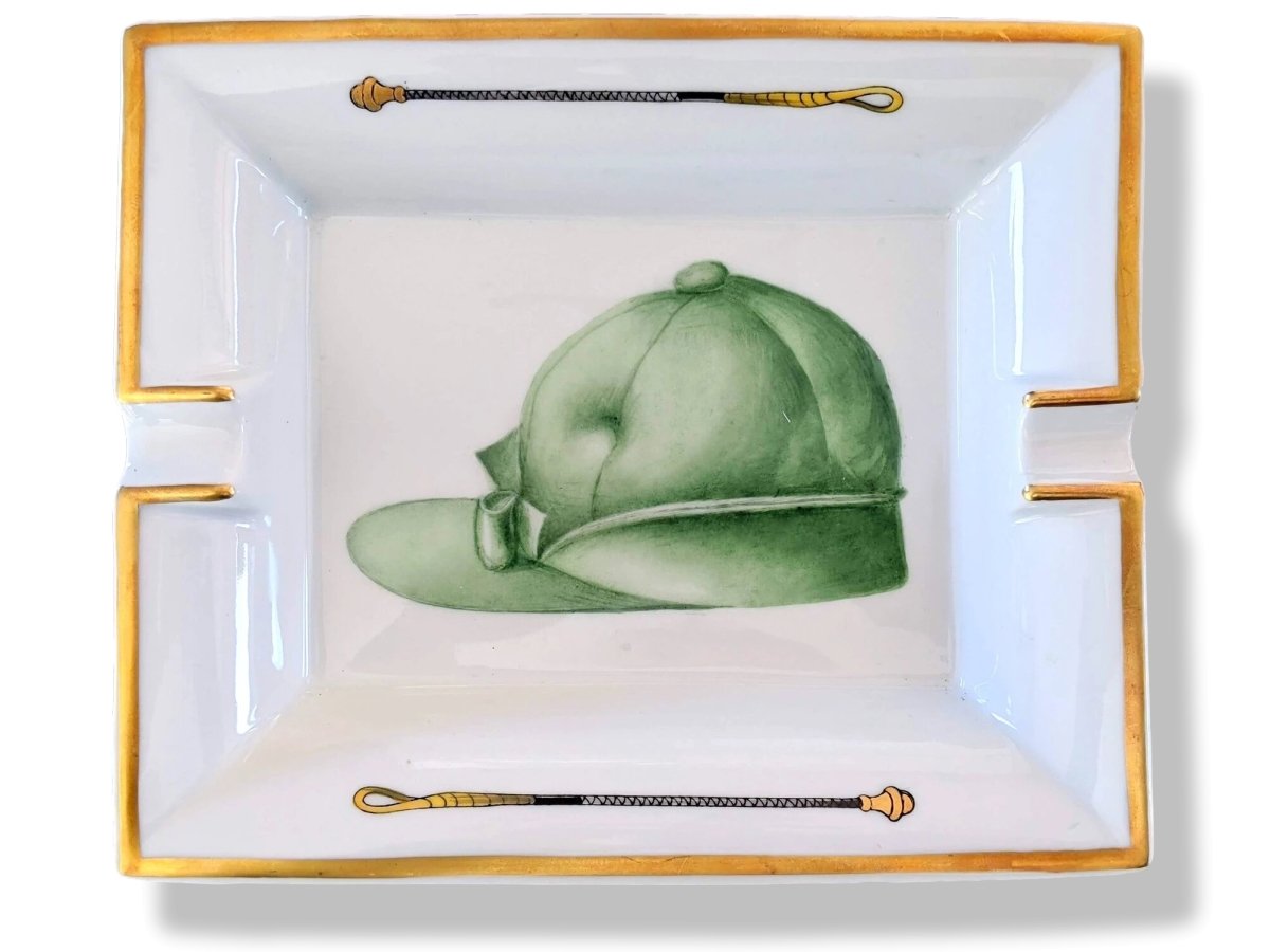 Hermes [H1] Home Green White FRENCH JOCKEY CAP Cigar Limoges Porcelain Ashtray GM, BNWIB! - poupishop
