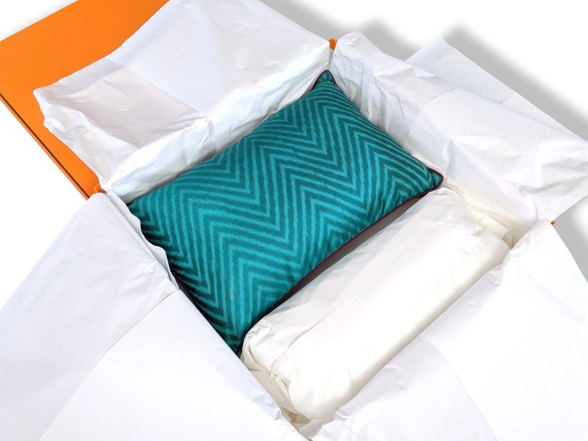Hermes [H9] Green/Plum Shantung & Velour Cushion PILLOW Made in INDIA, Rare, New in Box! - poupishop
