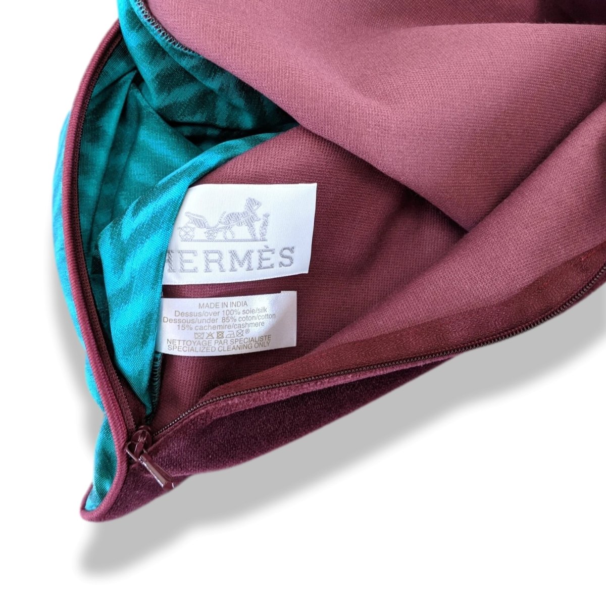 Hermes [H9] Green/Plum Shantung & Velour Cushion PILLOW Made in INDIA, Rare, New in Box! - poupishop