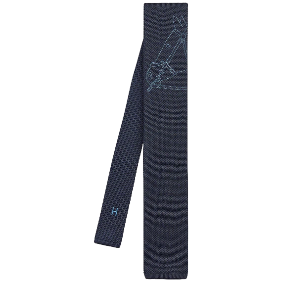 Hermes Marine/Azur "Harnais de Cabriolet" by Cyrille Diatkine Tricot de Soie Embroidered Tie 6 cm