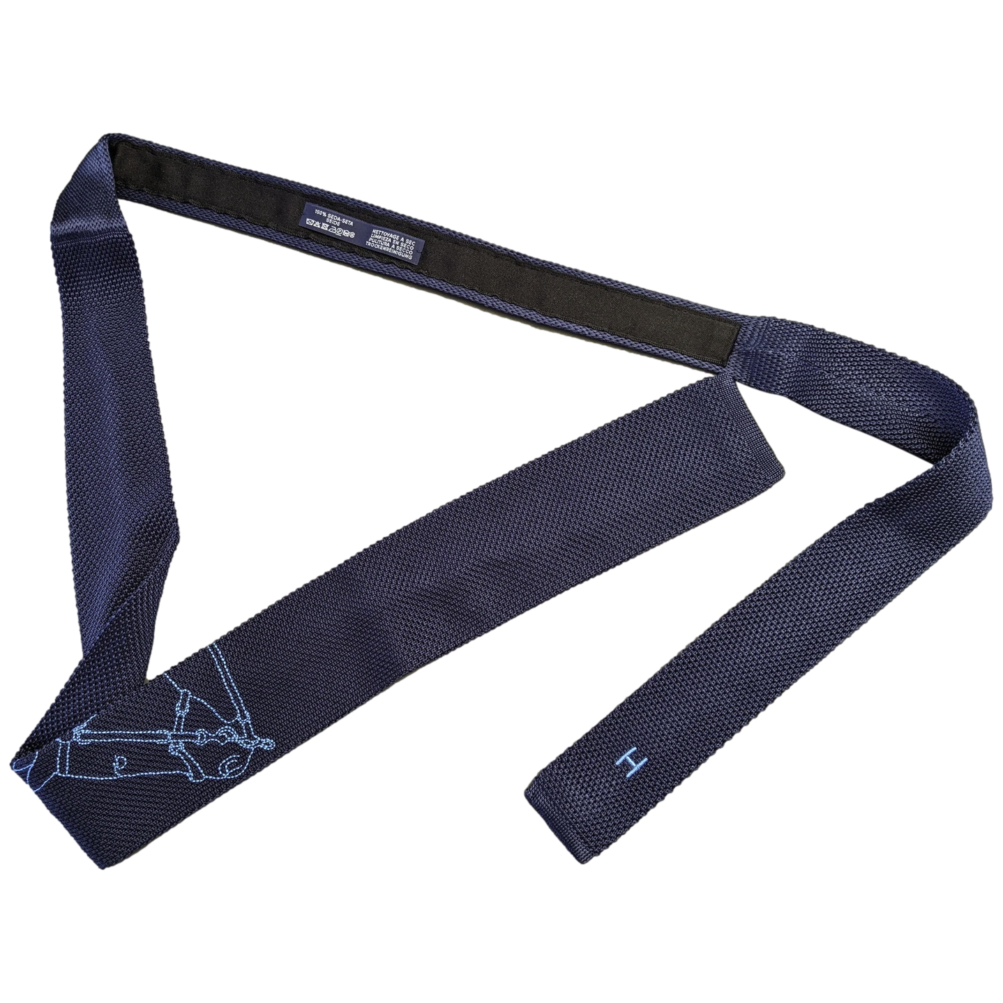 Hermes Marine/Azur "Harnais de Cabriolet" by Cyrille Diatkine Tricot de Soie Embroidered Tie 6 cm