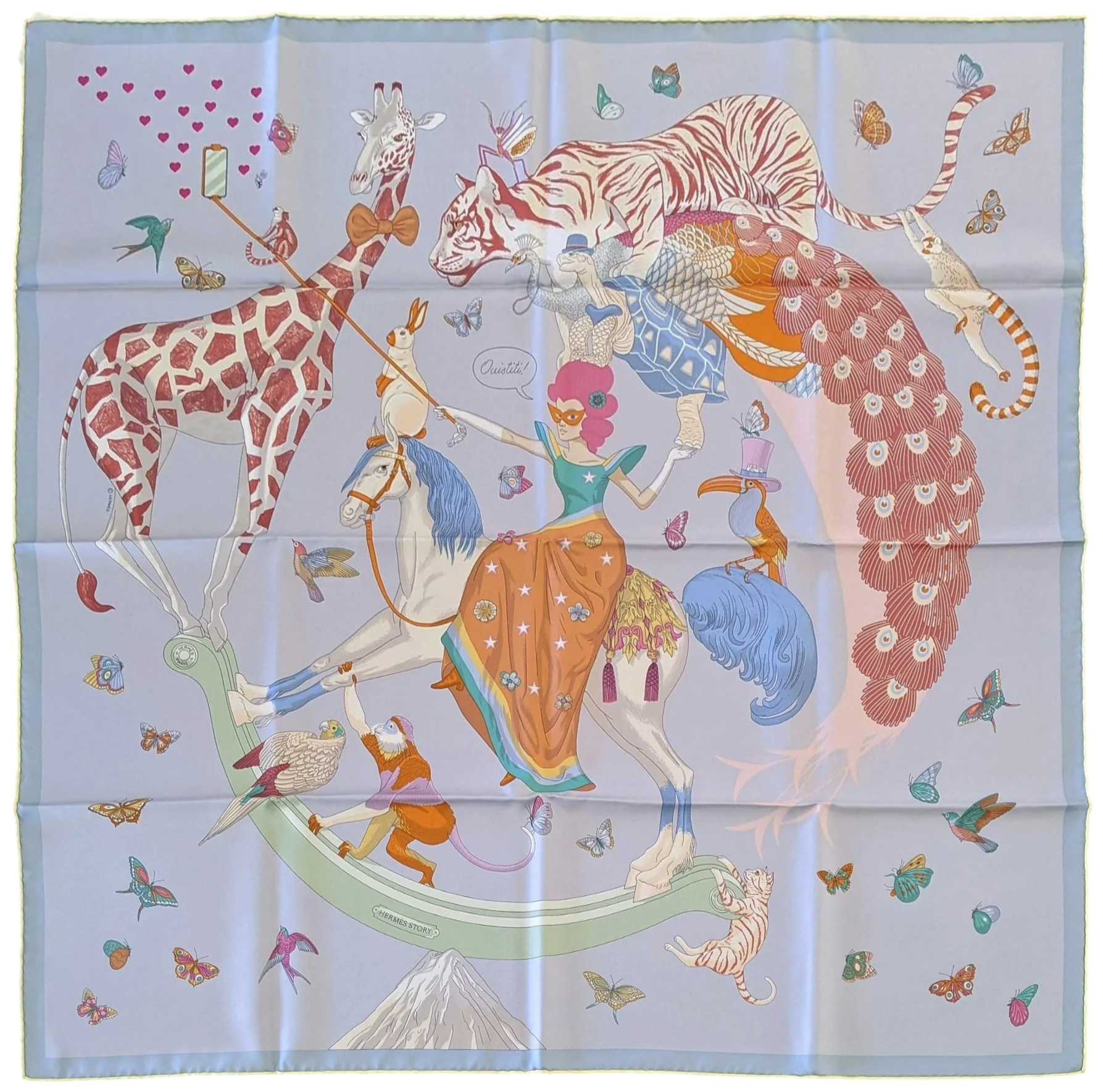 Produits Hermes [C211] Bleu Glacier/Rose "Hermes Story" by Jonathan Burton Twill Silk Carre 90cm