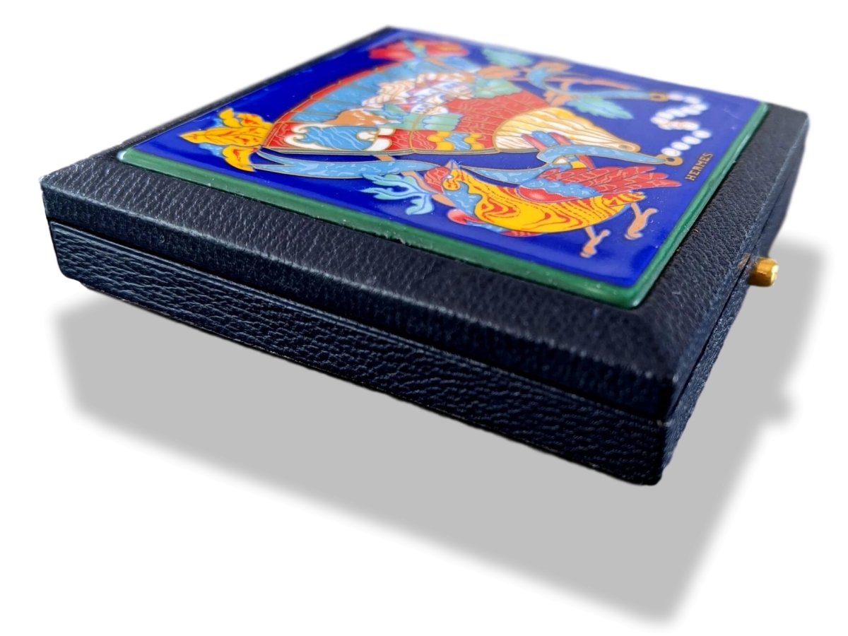 Hermes Home 1987 Special Issue Blue Chevre Mysore & Enamel MIRROR POWDER COMPACT Poudrier; Box! - poupishop