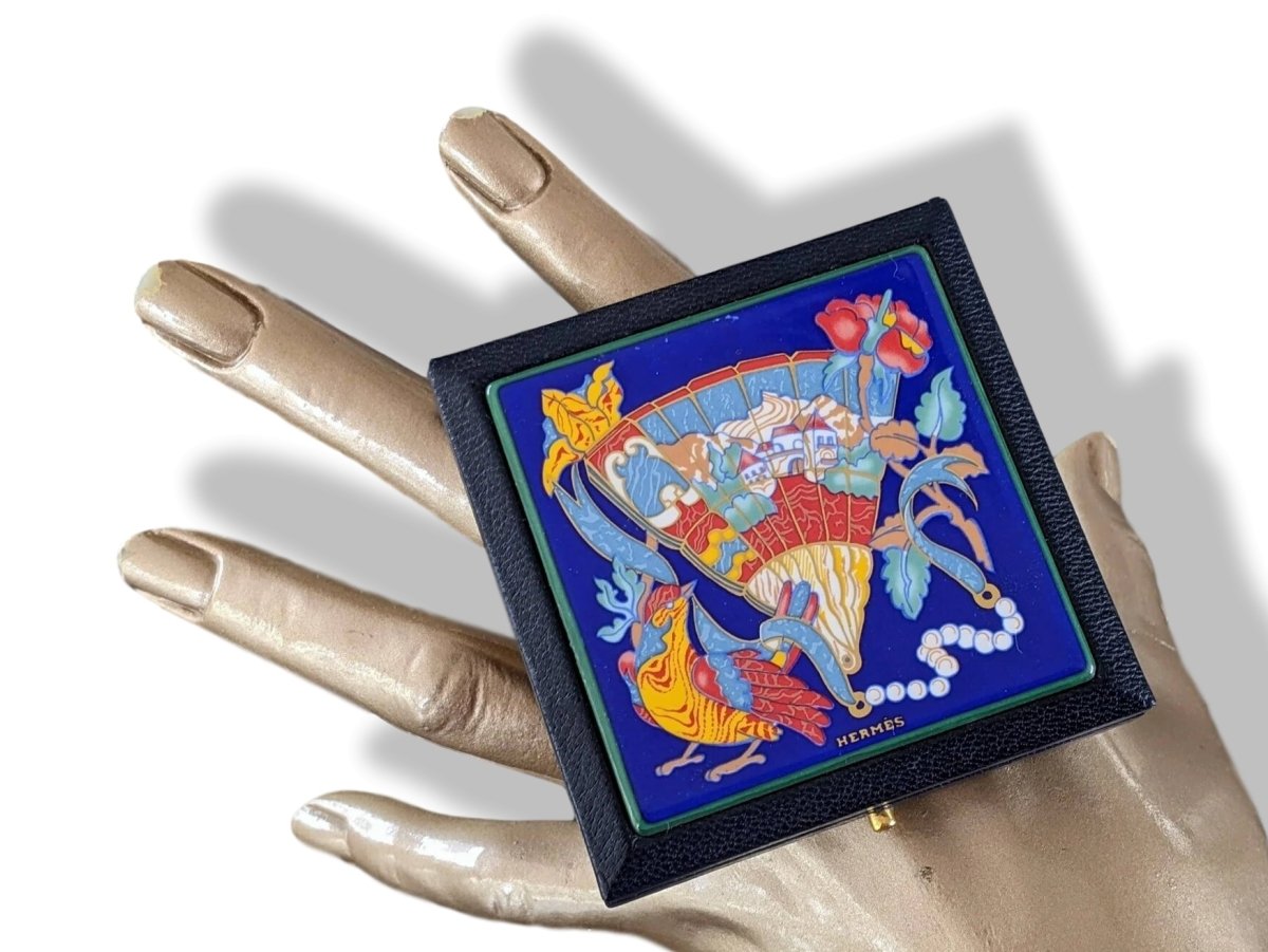 Hermes Home 1987 Special Issue Blue Chevre Mysore & Enamel MIRROR POWDER COMPACT Poudrier; Box! - poupishop