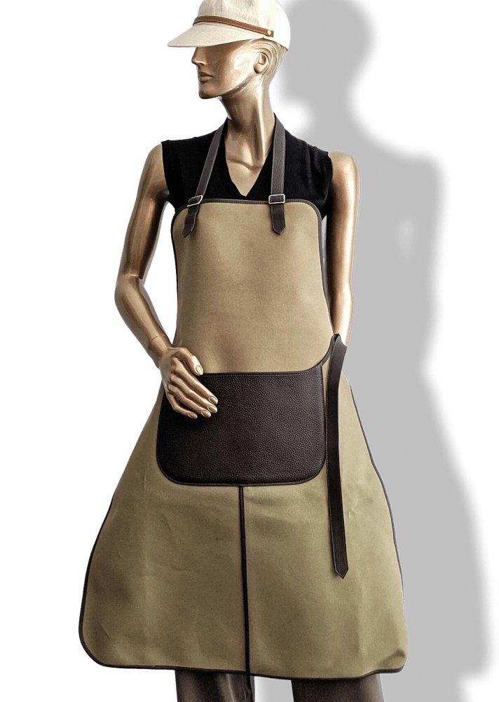 Hermes Home 2002 Kaki Canvas and Dark Brown Taurillon Leather Apron, BNEW! - poupishop
