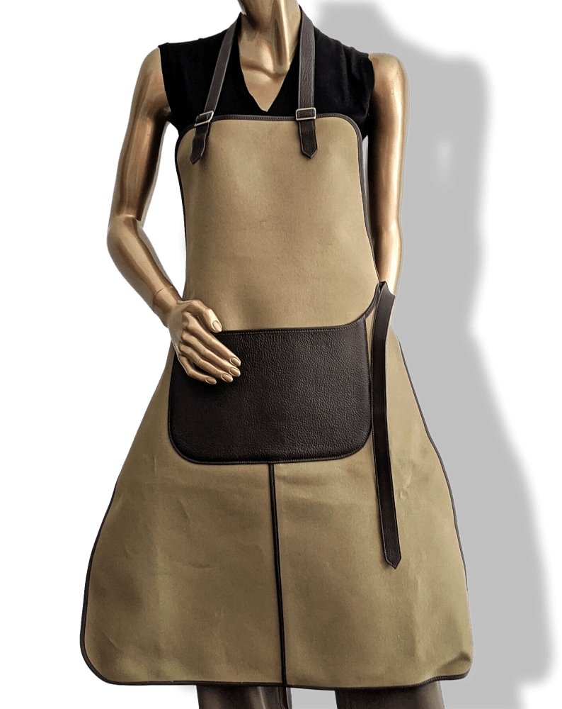 Hermes Home 2002 Kaki Canvas and Dark Brown Taurillon Leather Apron, BNEW! - poupishop