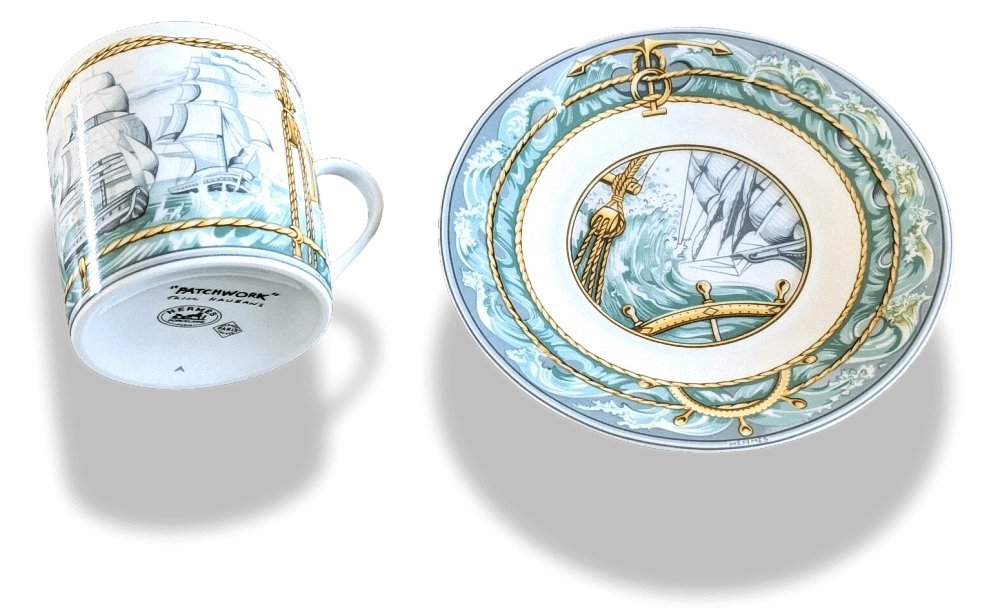 Hermes Home Green White Porcelain of Limoges PATCHWORK Set of 1 Coffee Cup & Saucer, BNWTIB!! - poupishop