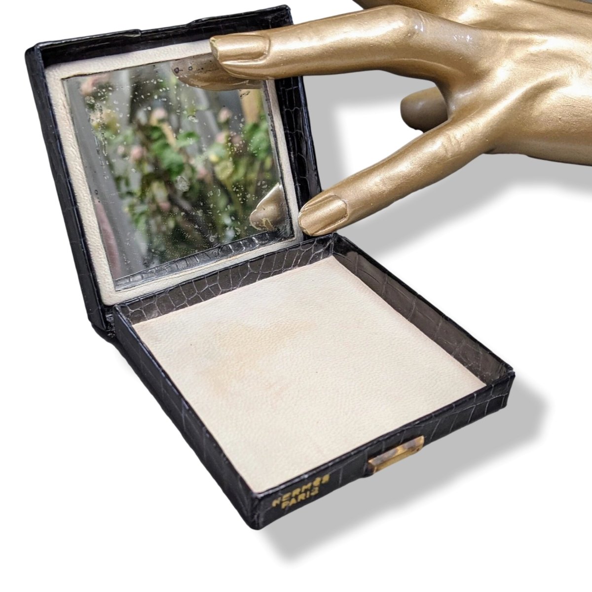 Hermes Home Vintage Black Porosus Crocodile MIRROR POWDER COMPACT Poudrier - poupishop