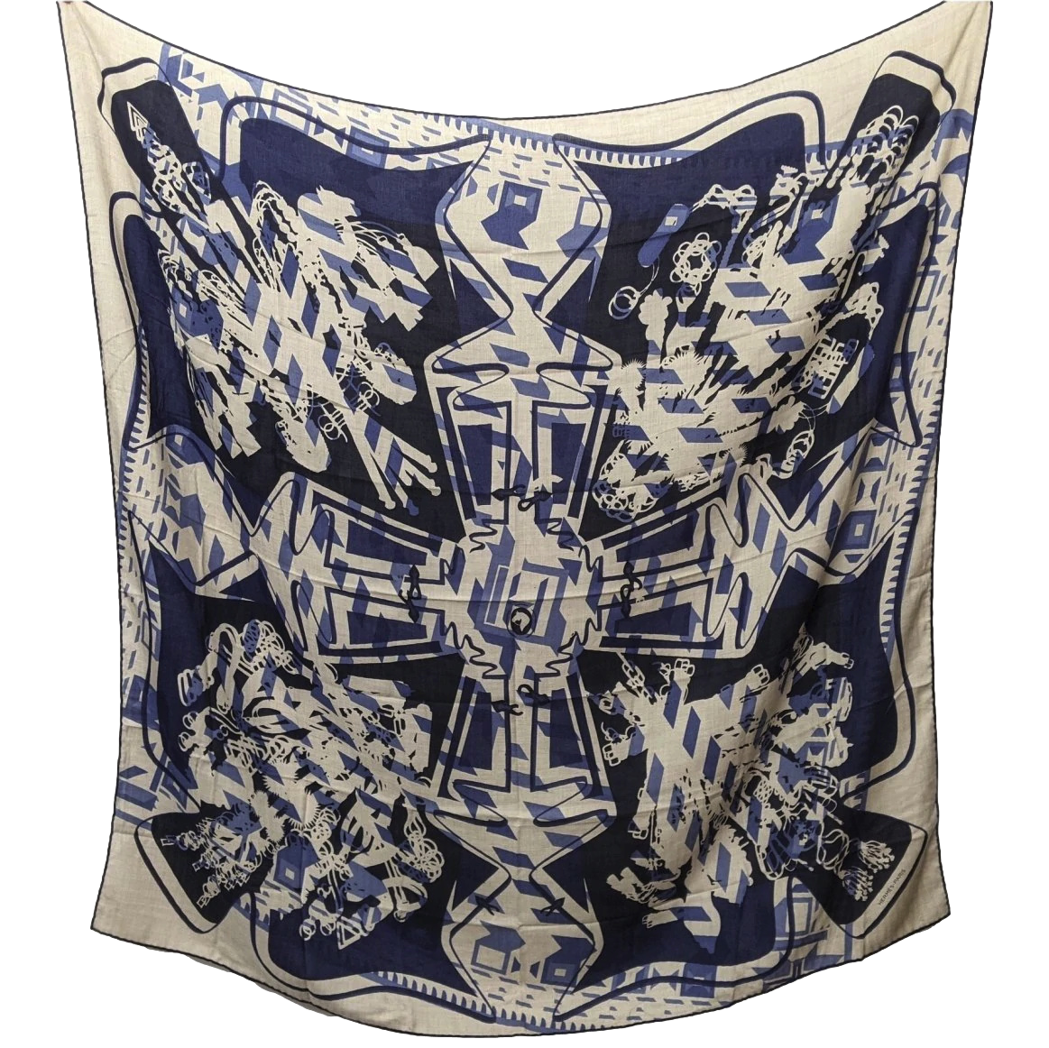 Hermes Bleu/Naturel "Imprimeur Fou Le Fil Sellier" by Natsuno Hidaka & Pierre Marie Cashmere Shawl 140